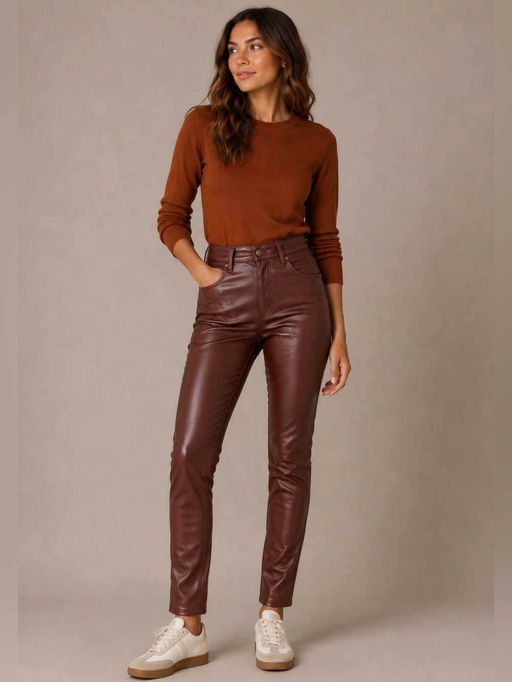 ANTHROPOLOGIE Mother High Rise Faux Leather Skinny Jeans Brown Size 34 NEW